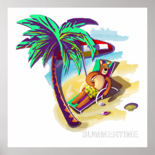 Relaxing Summer Bear on Tropical Beach Poster
