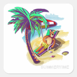 Relaxing Summer Bear on Tropical Beach Square Sticker