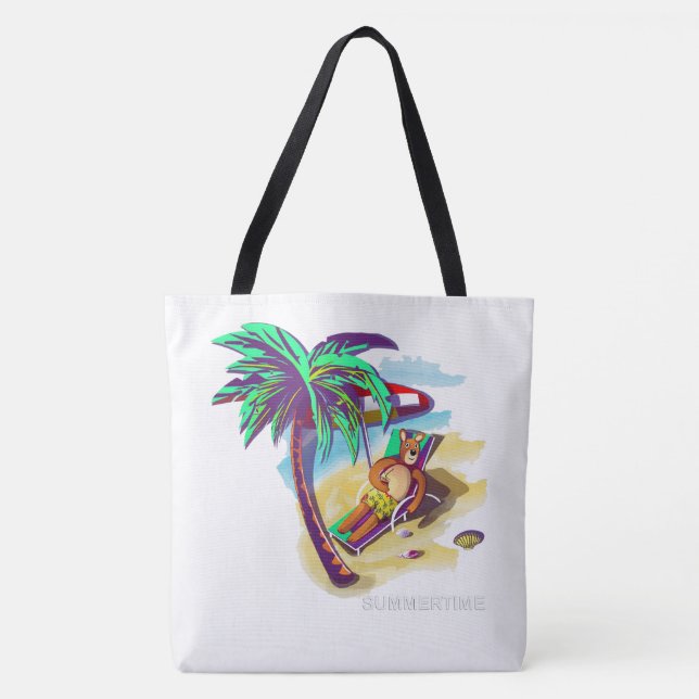 Relaxing Summer Bear on Tropical Beach Tote Bag (Front)