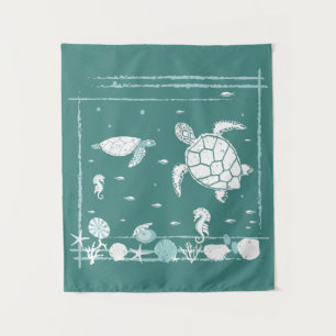 Relaxing Teal Blue Turtles Tapestry