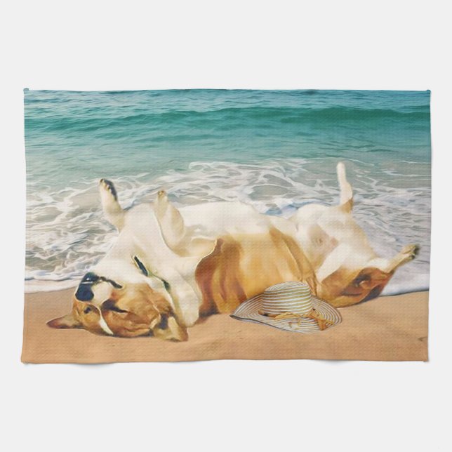 Relaxing Welsh Corgi on the Beach Tea Towel (Horizontal)