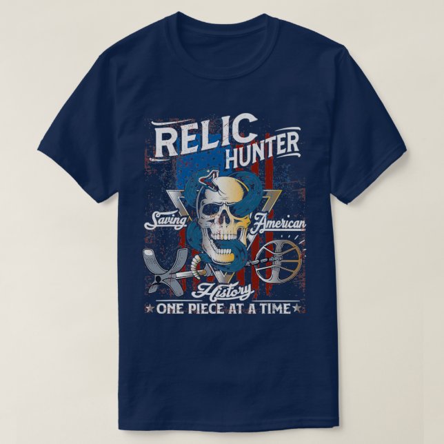 Relic Hunter American Flag Skull Metal T-Shirt (Design Front)