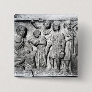 Relief depicting a boy reading to his teacher 15 cm square badge