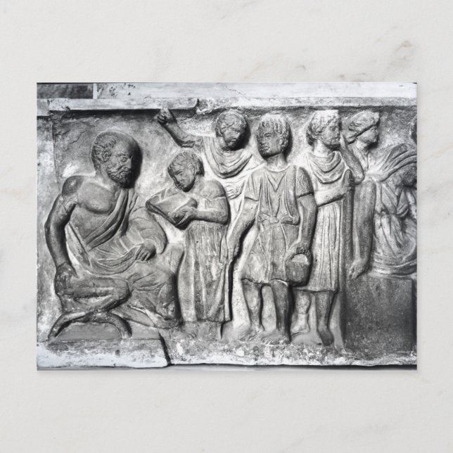 Relief depicting a boy reading to his teacher postcard (Front)
