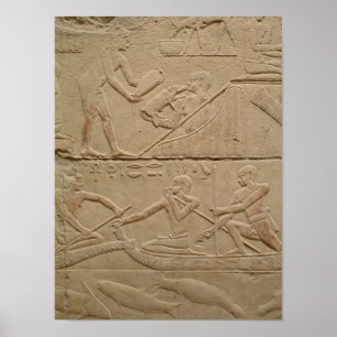 Relief depicting a man tending a new-born piglet poster