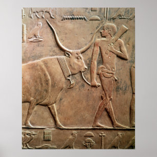 Relief depicting peasant leading cow to poster
