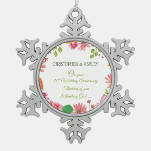 Religious 20th Wedding Anniversary Flowers Snowflake Pewter Christmas Ornament