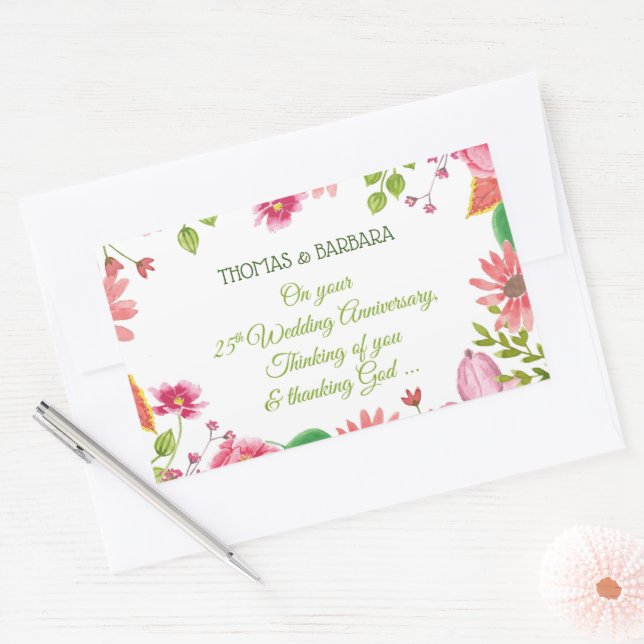 Religious 25th Wedding Anniversary Flowers Rectangular Sticker (Envelope)