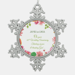 Religious 40th Wedding Anniversary Flowers Snowflake Pewter Christmas Ornament