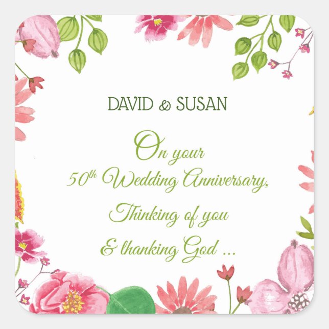 Religious 50th Wedding Anniversary Flowers Square Sticker (Front)