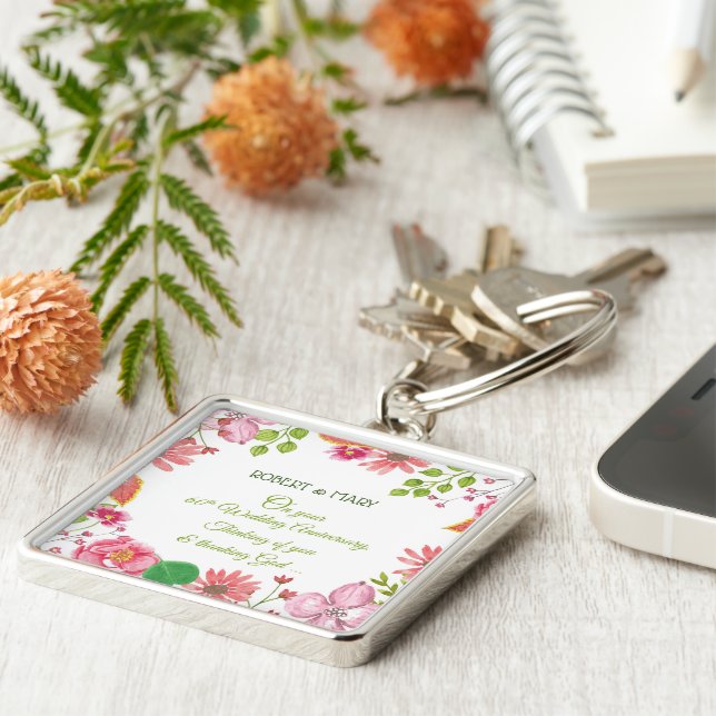 Religious 60th Wedding Anniversary Flowers Key Ring (Side)