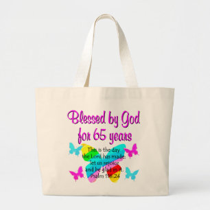 RELIGIOUS 65TH BIRTHDAY BUTTERFLY DESIGN LARGE TOTE BAG