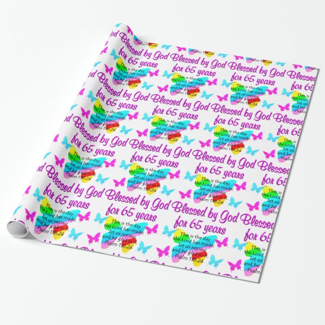 RELIGIOUS 65TH BIRTHDAY BUTTERFLY DESIGN WRAPPING PAPER (Unrolled)