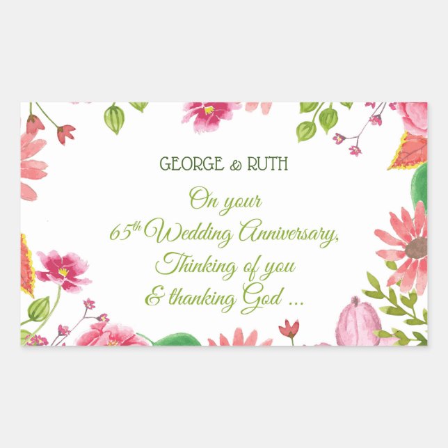 Religious 65th Wedding Anniversary Flowers Rectangular Sticker (Front)