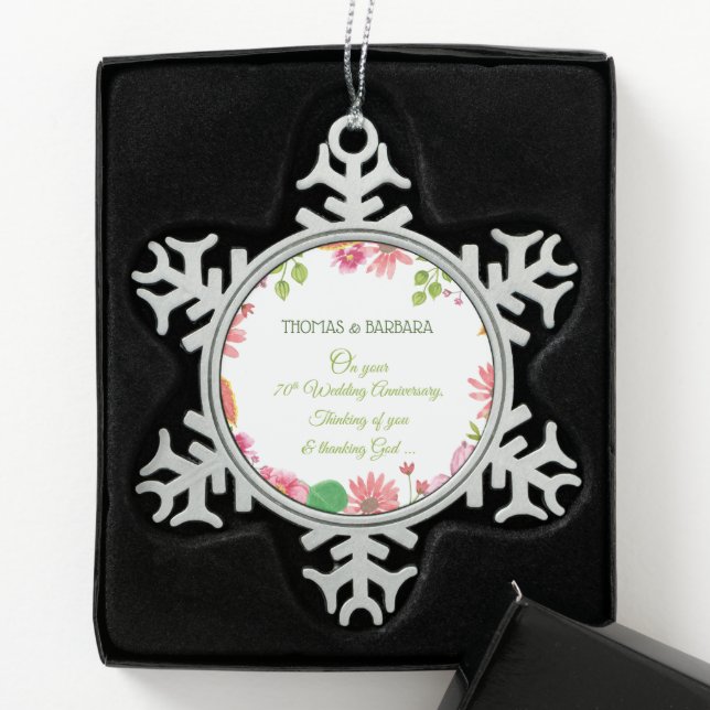 Religious 70th Wedding Anniversary Flowers Snowflake Pewter Christmas Ornament (Box)