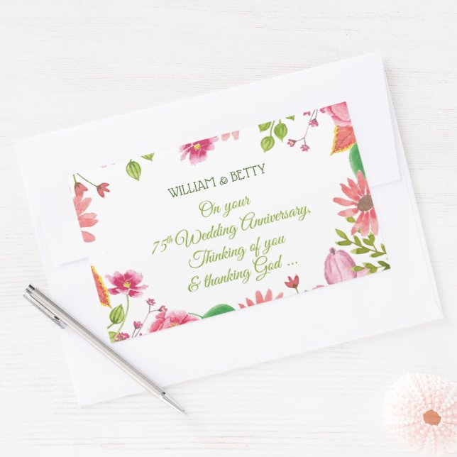 Religious 75th Wedding Anniversary Flowers Rectangular Sticker (Envelope)