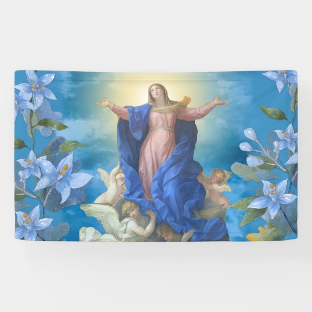 Religious Assumption of Mary Angels Blue Floral Banner (Horizontal)