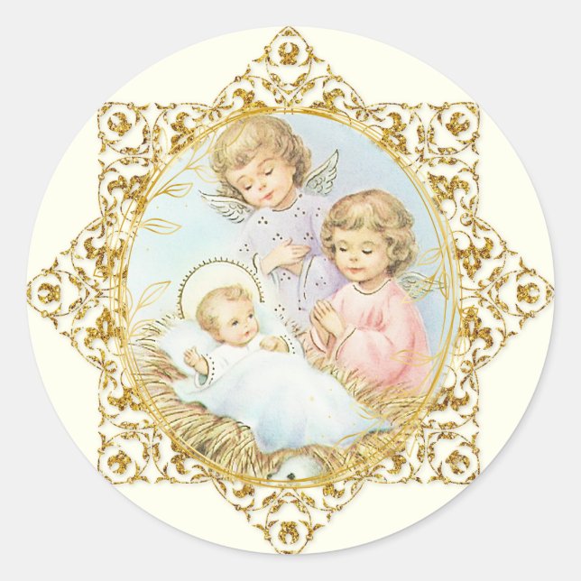 Religious Baby Jesus Christmas Angels Pink Roses  Classic Round Sticker (Front)