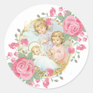 Religious Baby Jesus Christmas Angels Pink Roses Classic Round Sticker