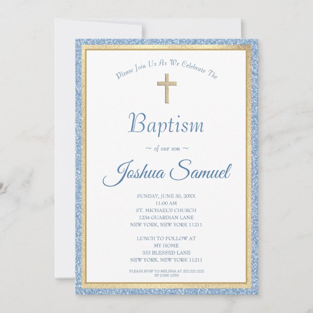 Religious Baptism Blue Glitter Gold Cross Boy Invitation (Front)