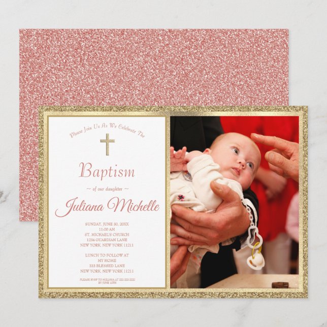 Religious Baptism Christening Gold Pink Baby Girl Invitation (Front/Back)