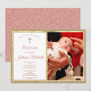Religious Baptism Christening Gold Pink Baby Girl Invitation