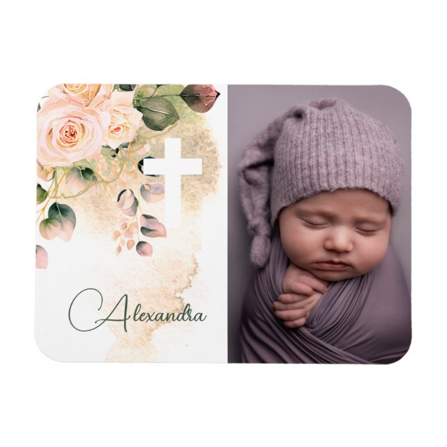 Religious Baptism Christening Photo Pink Roses Magnet (Horizontal)