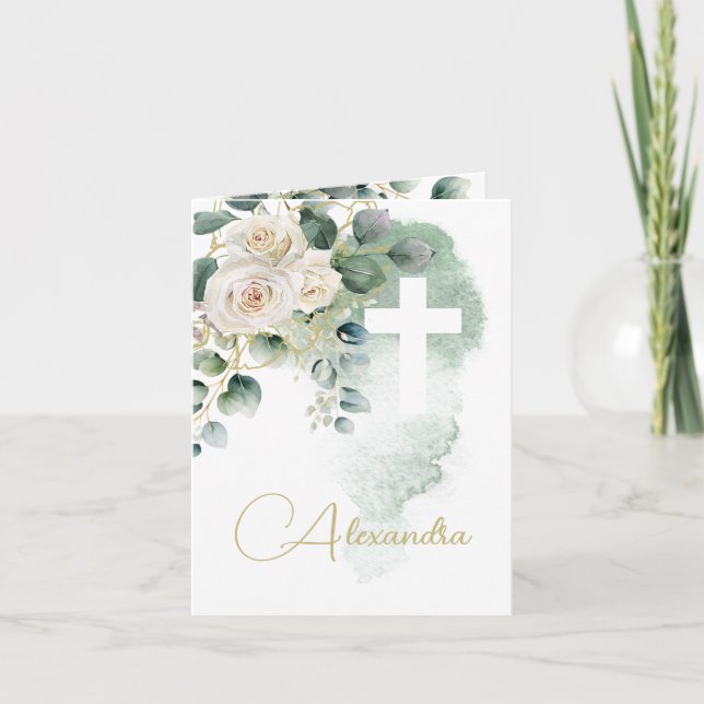 Religious Baptism Christening Photo Roses Cross Invitation (Front)