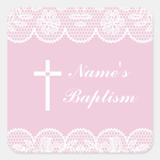 Religious Baptism Name Stickers Pink Lace Labels (Front)
