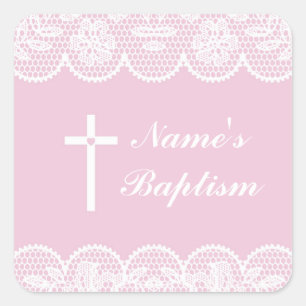 Religious Baptism Name Stickers Pink Lace Labels