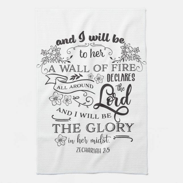 Religious Bible Quote Zechariah 2:5 Wall of Fire Tea Towel (Vertical)
