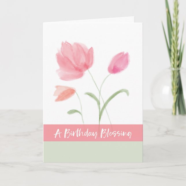 Religious Birthday Blessing Pink Flowers Card (Front)