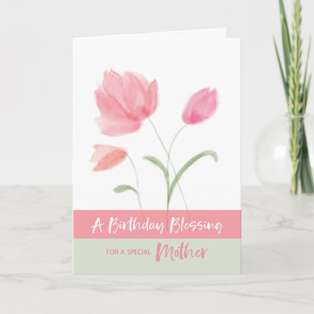Religious Birthday Mother Blessing Pink Flowers Card (Front)