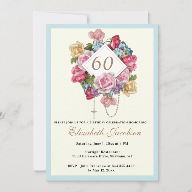 Religious Birthday Rosary Catholic Floral  Invitation (Front)