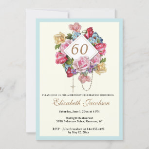 Religious Birthday Rosary Catholic Floral  Invitation