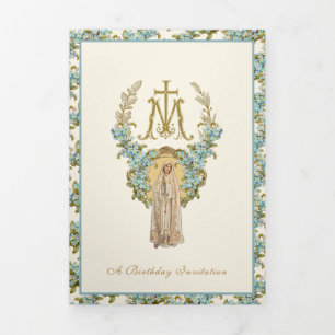 Religious Birthday Virgin Mary Blue Floral  Tri-Fold Invitation
