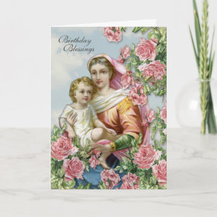 Religious Birthday Virgin Mary Jesus Pink Roses Card