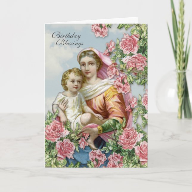 Religious Birthday Virgin Mary Jesus Pink Roses Card (Front)