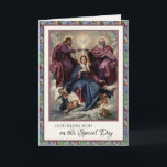 Religious Birthday Virgin Mary Jesus Vintage  Card<br><div class="desc">Featuring a beautiful traditional Catholic religious image of the painting "Coronation of a Virgin" by Diego Valesquez.    A scripture verse is on the inside with flowers and the rosary. All text and fonts may be modified to suit the occasion and recipient.</div>