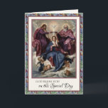 Religious Birthday Virgin Mary Jesus Vintage  Card<br><div class="desc">Featuring a beautiful traditional Catholic religious image of the painting "Coronation of a Virgin" by Diego Valesquez.    A scripture verse is on the inside with flowers and the rosary. All text and fonts may be modified to suit the occasion and recipient.</div>