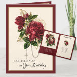 Religious Birthday Virgin Mary Rosary Card<br><div class="desc">Featuring a beautiful traditional Catholic religious image of deep red roses with the holy rosary. Inside is the Blessed Virgin Mary with the Baby Jesus in her arms overlaid on the roses. A scripture verse is on the inside. All text and fonts may be modified to suit the occasion and...</div>