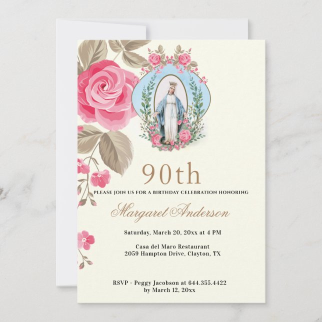 Religious Birthday Virgin Mary Scripture Pink Rose Invitation (Front)