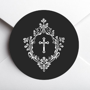 Religious Black and White Cross in Crest Vintage  Classic Round Sticker