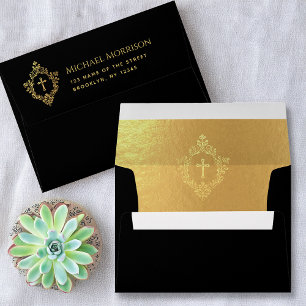 Religious Black Elegant Crest Cross Faux Gold Foil Envelope