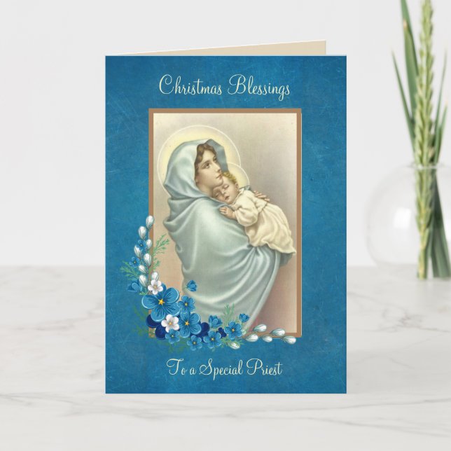 Religious Blessed Mother Baby Jesus Floral Holiday Card (Front)