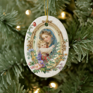 Religious Blessed Mother Mary and Jesus Floral Ceramic Tree Decoration