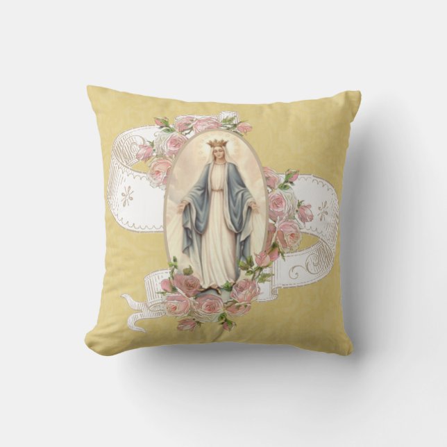 Religious Blessed Virgin Mary Catholic Roses Throw Cushion (Front)