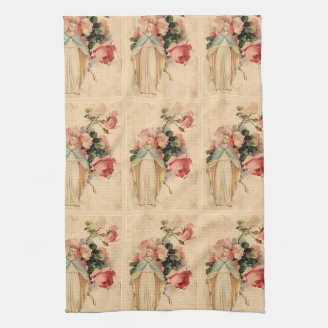 Religious Blessed Virgin Mother Mary Roses Tea Towel (Vertical)