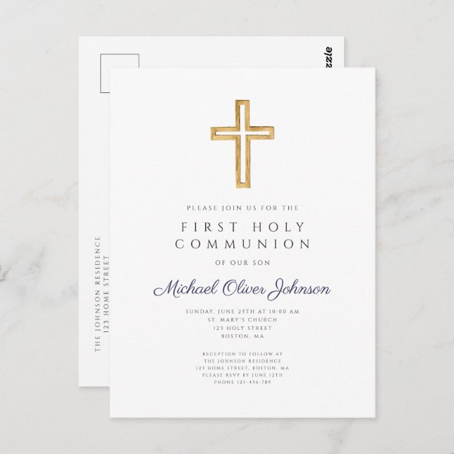 Religious Blue Boy First Communion Invitation Postcard (Front/Back)