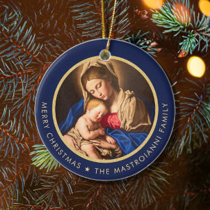 Religious Blue & Gold Madonna & Child Christmas Ceramic Tree Decoration
